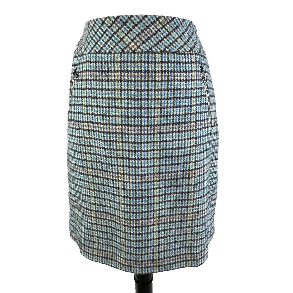 Talbots Skirt size 2 Black Purple Blue Houndstooth Plaid Wool Pencil Knee Suit
